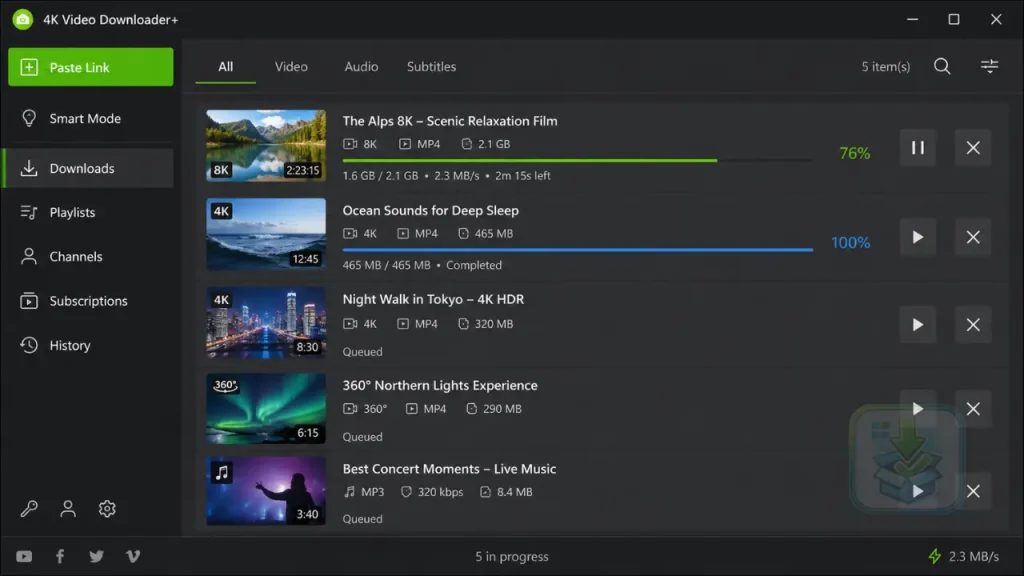 Interface do 4K Video Downloader Plus para Windows exibindo opções de download de vídeos, playlists e áudio em alta qualidade.