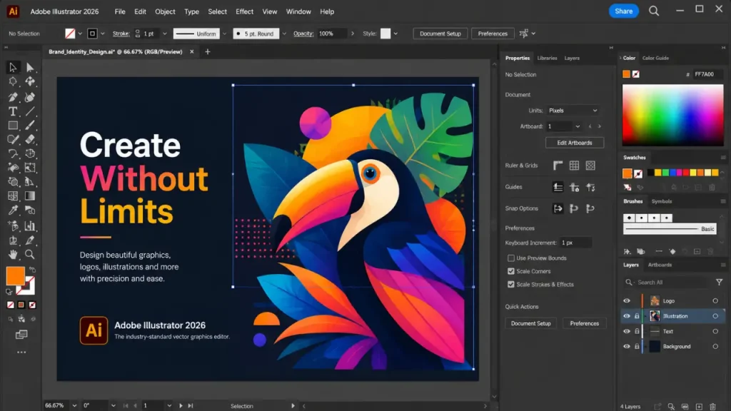 Interface escura do Adobe Illustrator 2026 mostrando o espaço de trabalho de design de ilustração vetorial com ferramentas de edição profissionais.