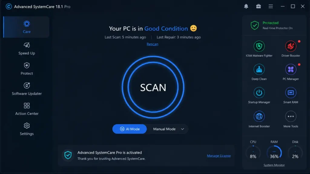 Advanced SystemCare Pro ativado exibindo painel de otimização do Windows com proteção em tempo real e ferramentas de limpeza do sistema