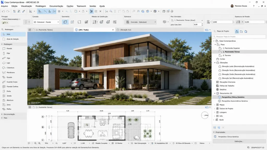 Captura de tela do Archicad 29 para Windows mostrando a interface BIM com modelo arquitetônico 3D de uma casa moderna, planta baixa detalhada e ferramentas de projeto.