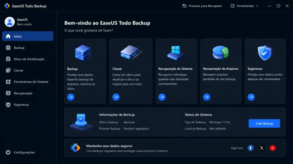 Interface do painel de controle do EaseUS Todo Backup mostrando ferramentas de backup, clonagem de disco, recuperação do sistema, recuperação de arquivos e segurança no Windows.