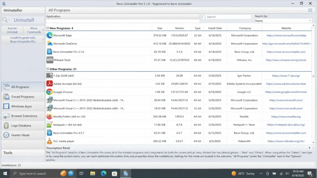 Interface do Revo Uninstaller Pro para Windows exibindo a lista de programas instalados e ferramentas avançadas de desinstalação.