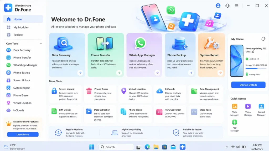 Interface do Wondershare Dr.Fone Toolkit para Windows mostrando ferramentas de recuperação de dados, transferência de dados do celular, gerenciamento do WhatsApp, backup, desbloqueio de tela e reparo do sistema.