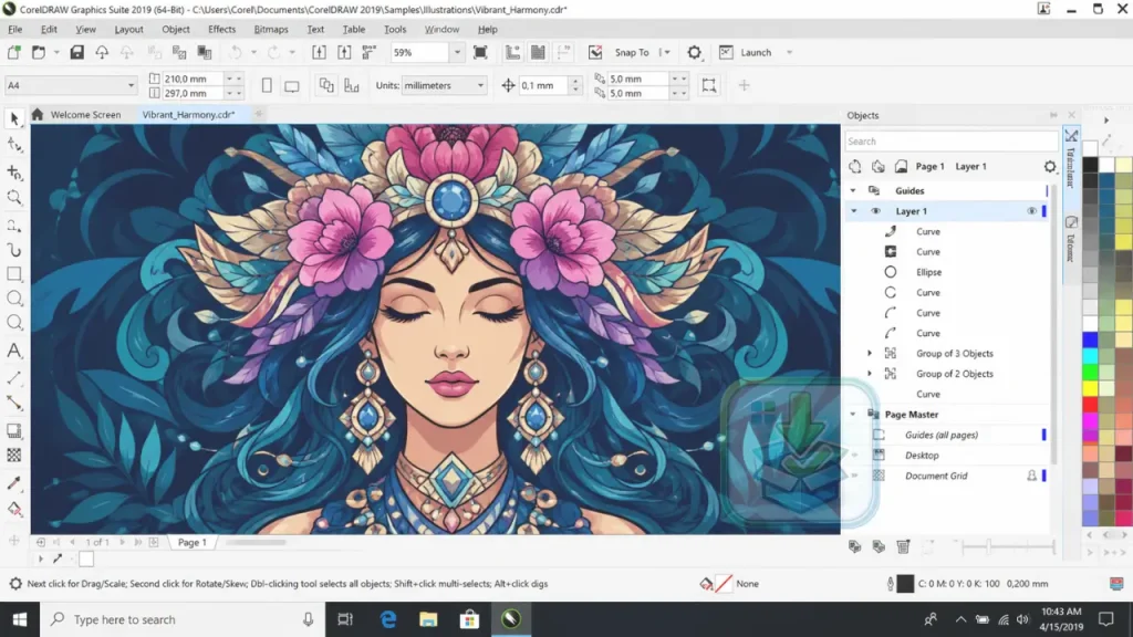 Captura de tela do CorelDRAW Graphics Suite 2019 para Windows exibindo a interface de design vetorial com uma ilustração colorida, ferramentas de edição, painel de objetos e paleta de cores.