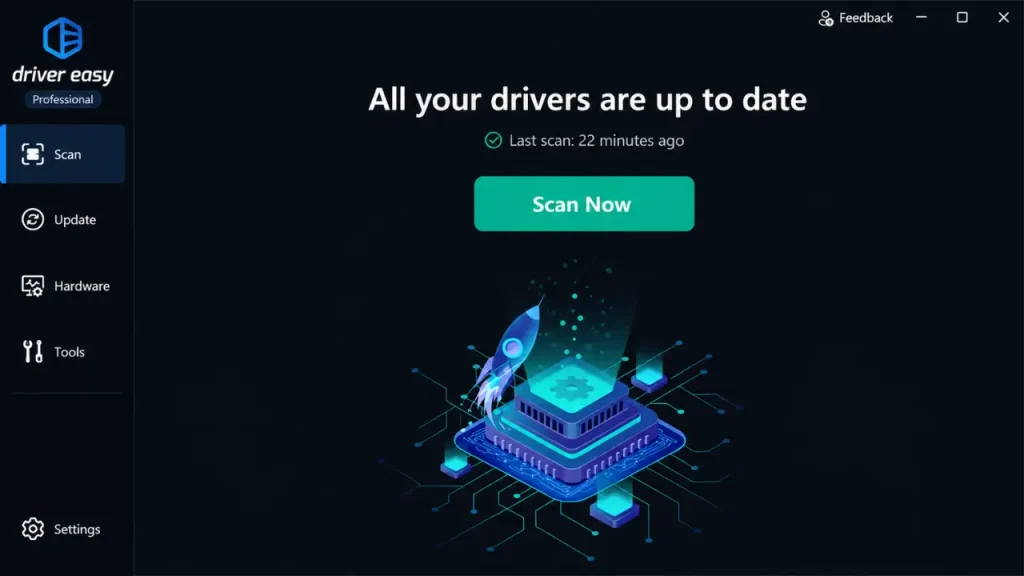 Interface do Driver Easy Professional para Windows exibindo o painel de verificação de drivers com o status do sistema, ferramentas de atualização, opções de gerenciamento de hardware e um botão de verificação de drivers com um clique.