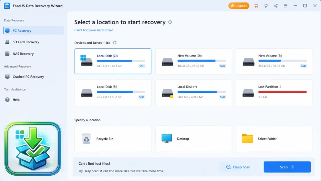 EASEUS Data Recovery Wizard Versão Completa interface screenshot
