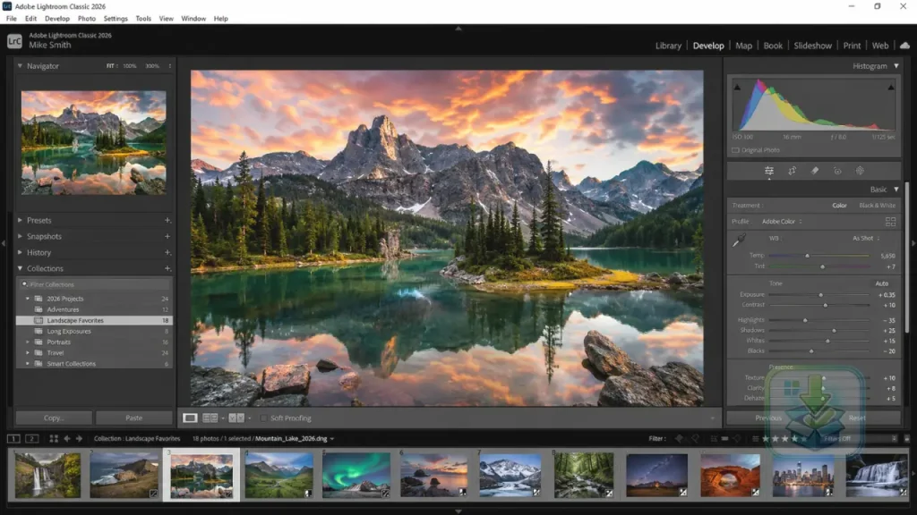 Interface do Adobe Lightroom Classic 2026 no Windows exibindo uma fotografia de paisagem no módulo Revelação, com ferramentas avançadas de edição, histograma, predefinições e miniaturas de imagens.