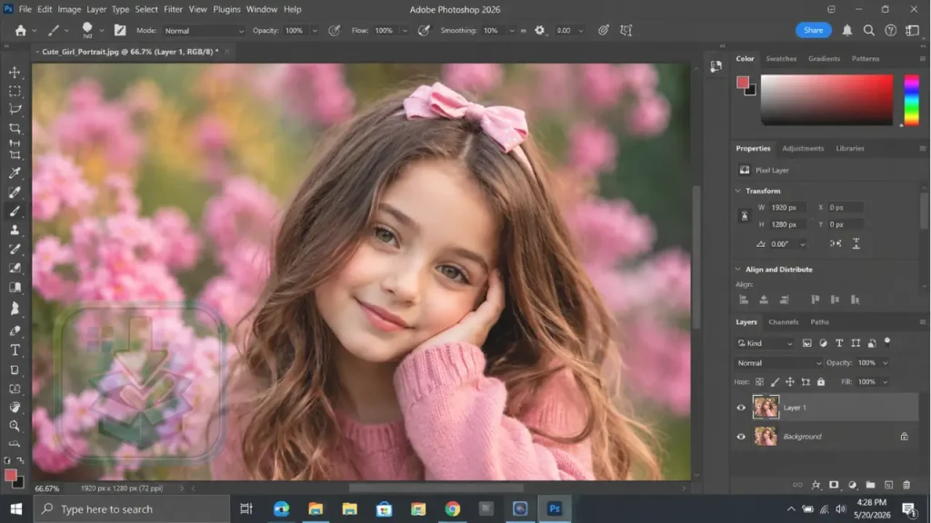 Interface do Adobe Photoshop 2026 Versão Completa editando retrato de menina em ambiente floral no Windows