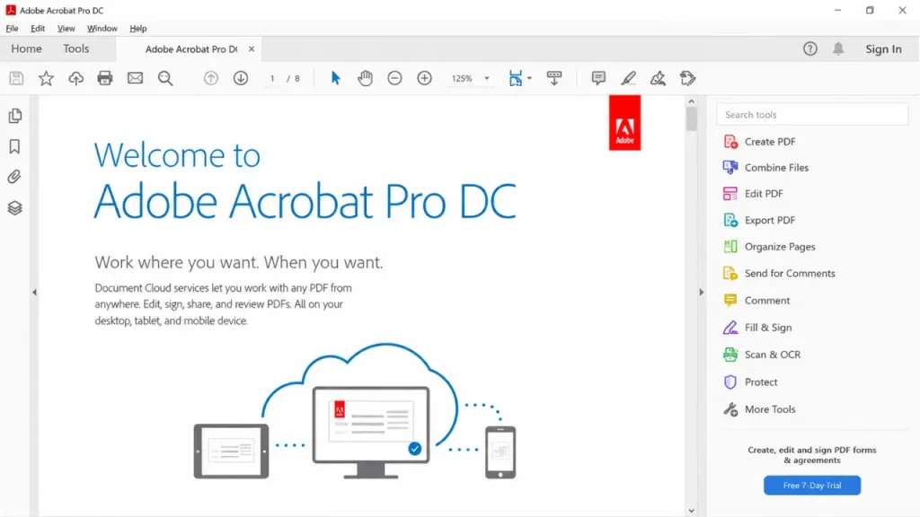 Captura de tela da interface do Adobe Acrobat Pro DC para Windows com ferramentas de edição, conversão, assinatura e gerenciamento de arquivos PDF.