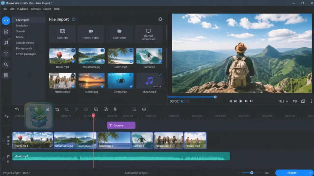 Captura de tela da interface do Movavi Video Editor Plus para Windows mostrando linha do tempo multifaixa, painel de mídia, janela de visualização e ferramentas de edição de vídeo.