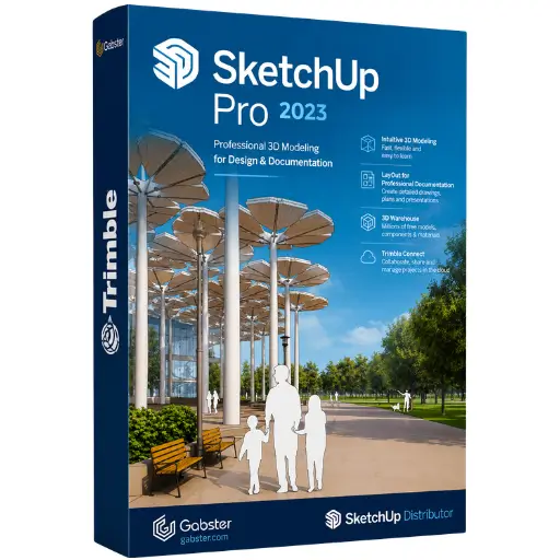 Caixa do software SketchUp Pro 2023 para Windows com design arquitetônico moderno e identidade visual da Trimble.