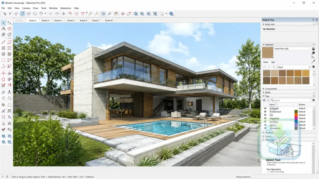 Capa aprimorada do SketchUp Pro 2023 para Windows exibindo recursos de modelagem 3D, documentação profissional e colaboração em nuvem.