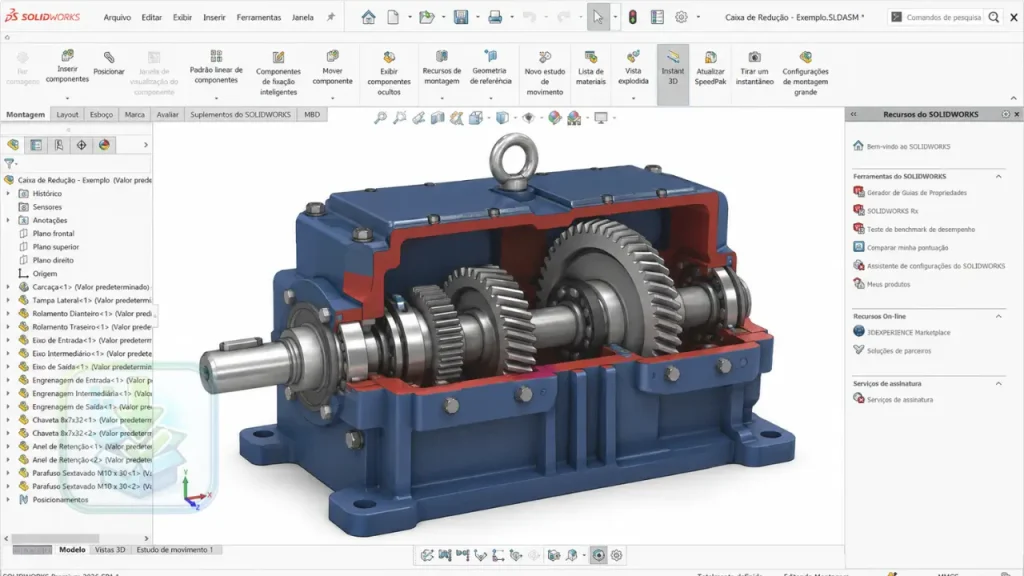 Interface do SolidWorks 2026 exibindo um modelo detalhado de montagem de caixa de engrenagens em 3D com engrenagens, eixos, rolamentos e componentes mecânicos em um espaço de trabalho CAD profissional.