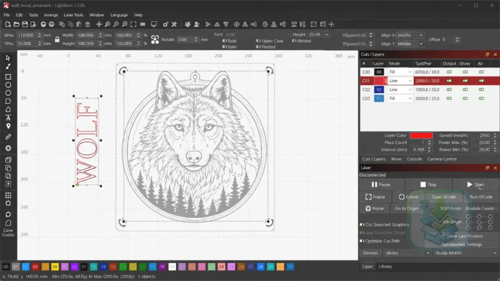 Interface do LightBurn para Windows exibindo ferramentas de design vetorial, controle de laser, gerenciamento de camadas e visualização de projeto de gravação a laser.
